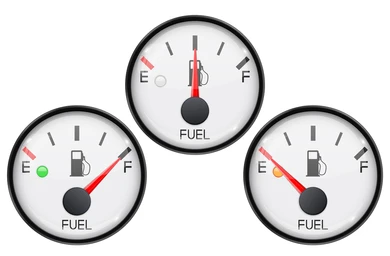 Image of three fuel gauges, one on full, one on half full, one on empty.